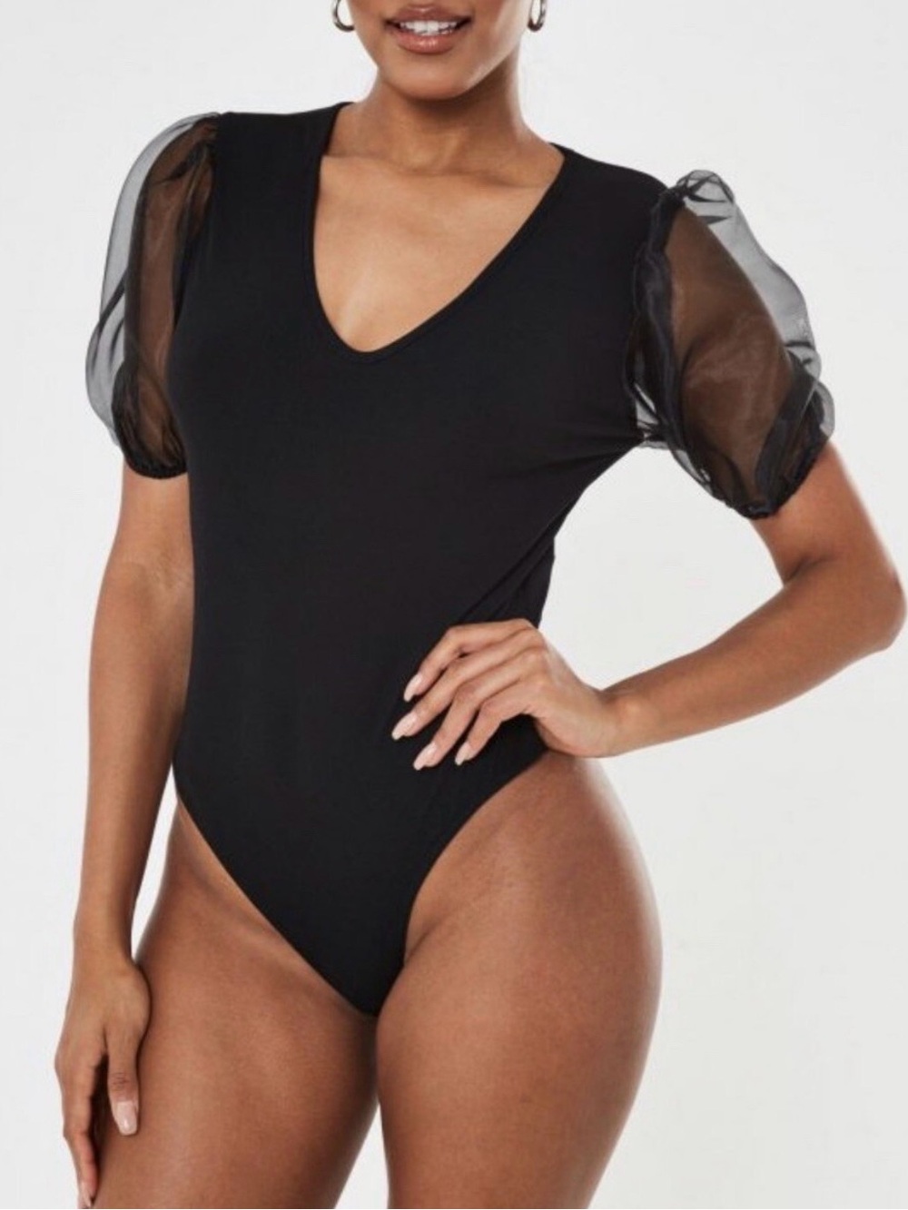 NWT Missguided Black V-Neck Puff Sleeve Bodysuit